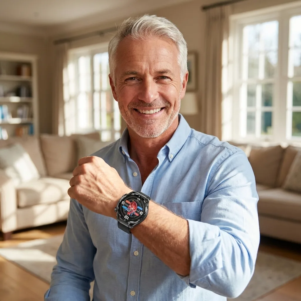 Smiling customer showing the REXQU O2Max on his wrist