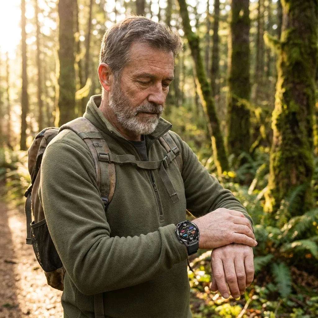 O2Max customer checking blood oxygen on a woodland walk