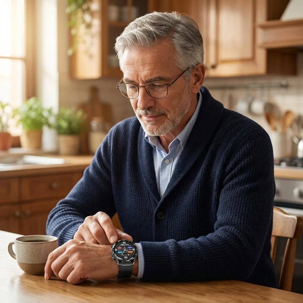 O2Max customer checking blood oxygen over morning coffee