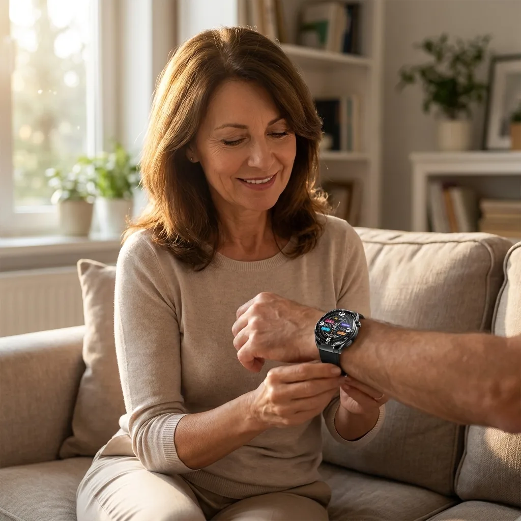 O2Max customer fastening the watch on her husband’s wrist