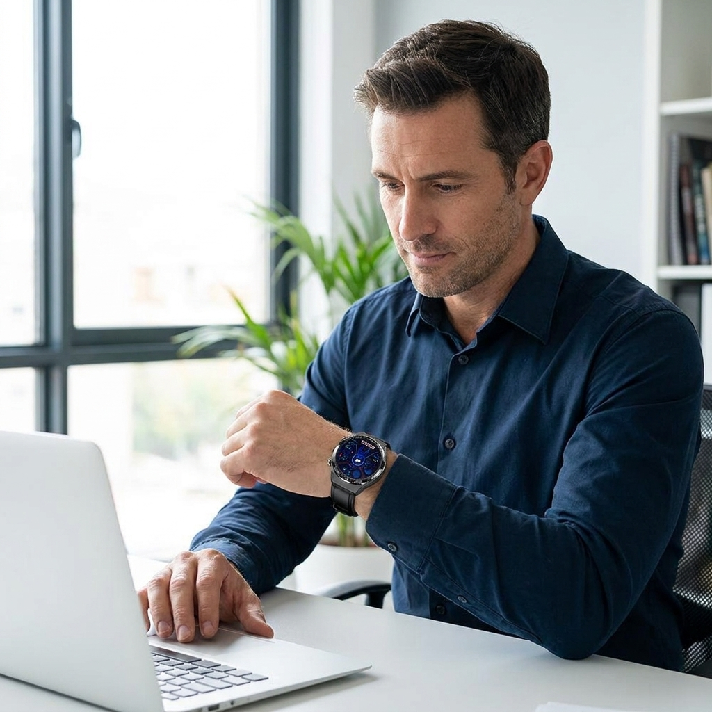 Man checking his blood pressure on the REXQU O2Max at his desk