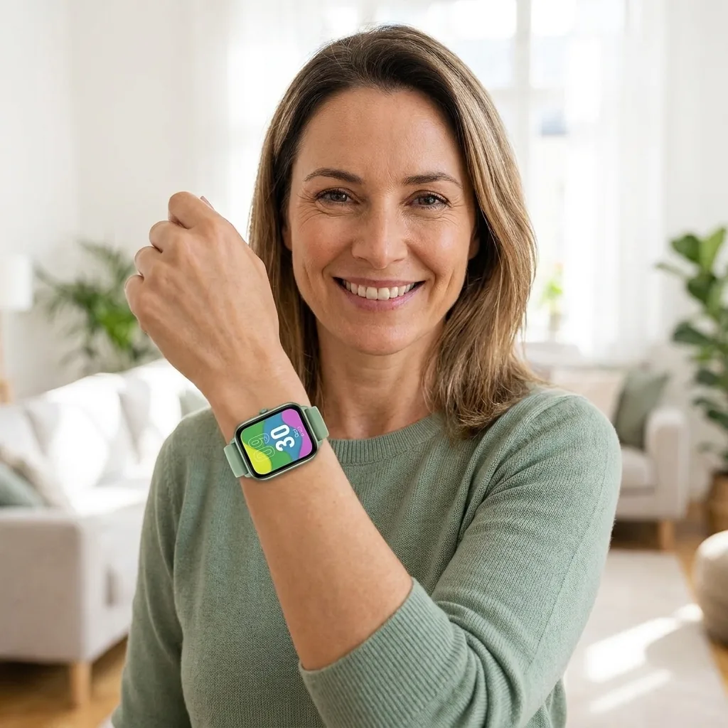Smiling customer showing the REXQU VitaSync on her wrist