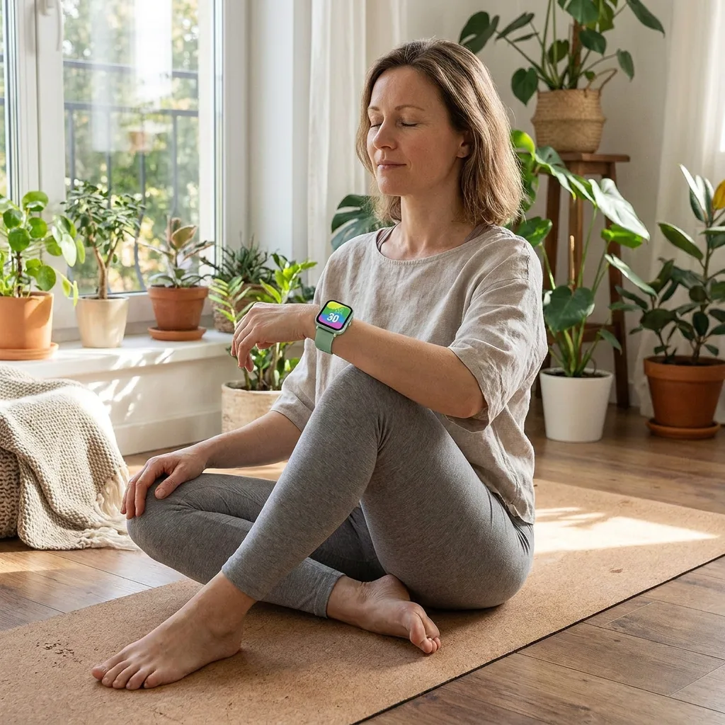 Woman checking blood oxygen on the REXQU VitaSync after a yoga session