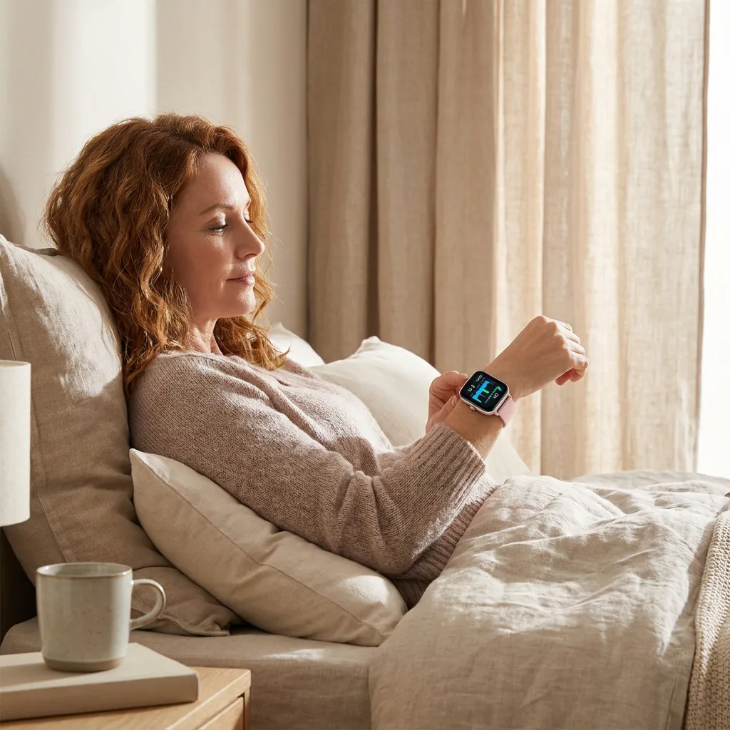 Woman reviewing her REXQU VitaSync sleep report in the morning