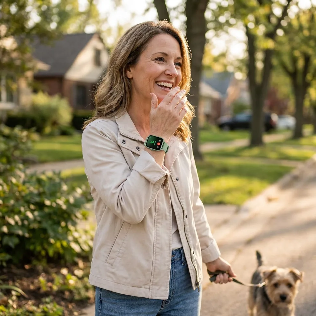 VitaSync customer answering a call on her watch while walking the dog