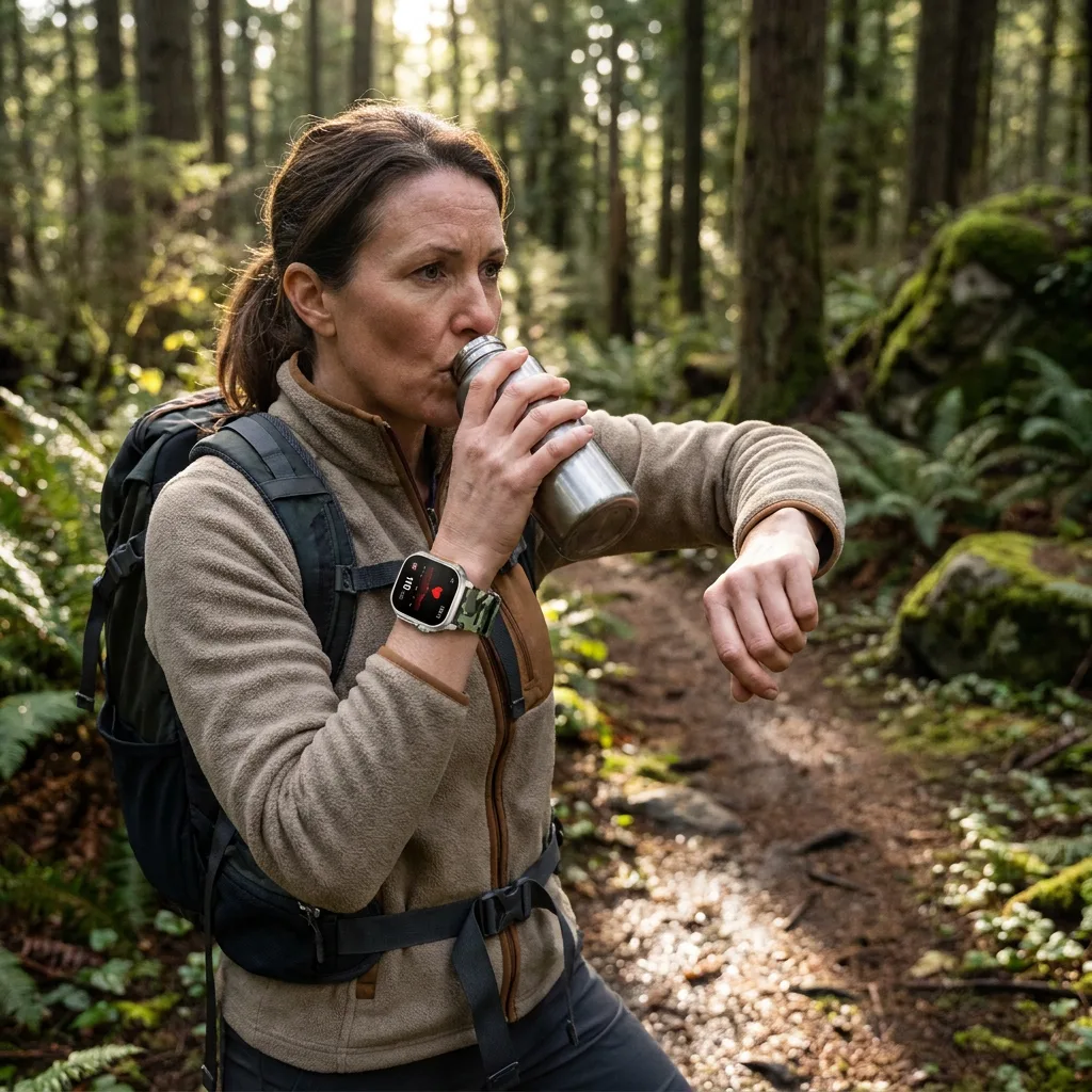 Hiker checking heart rate and blood oxygen on the REXQU TrailGuard