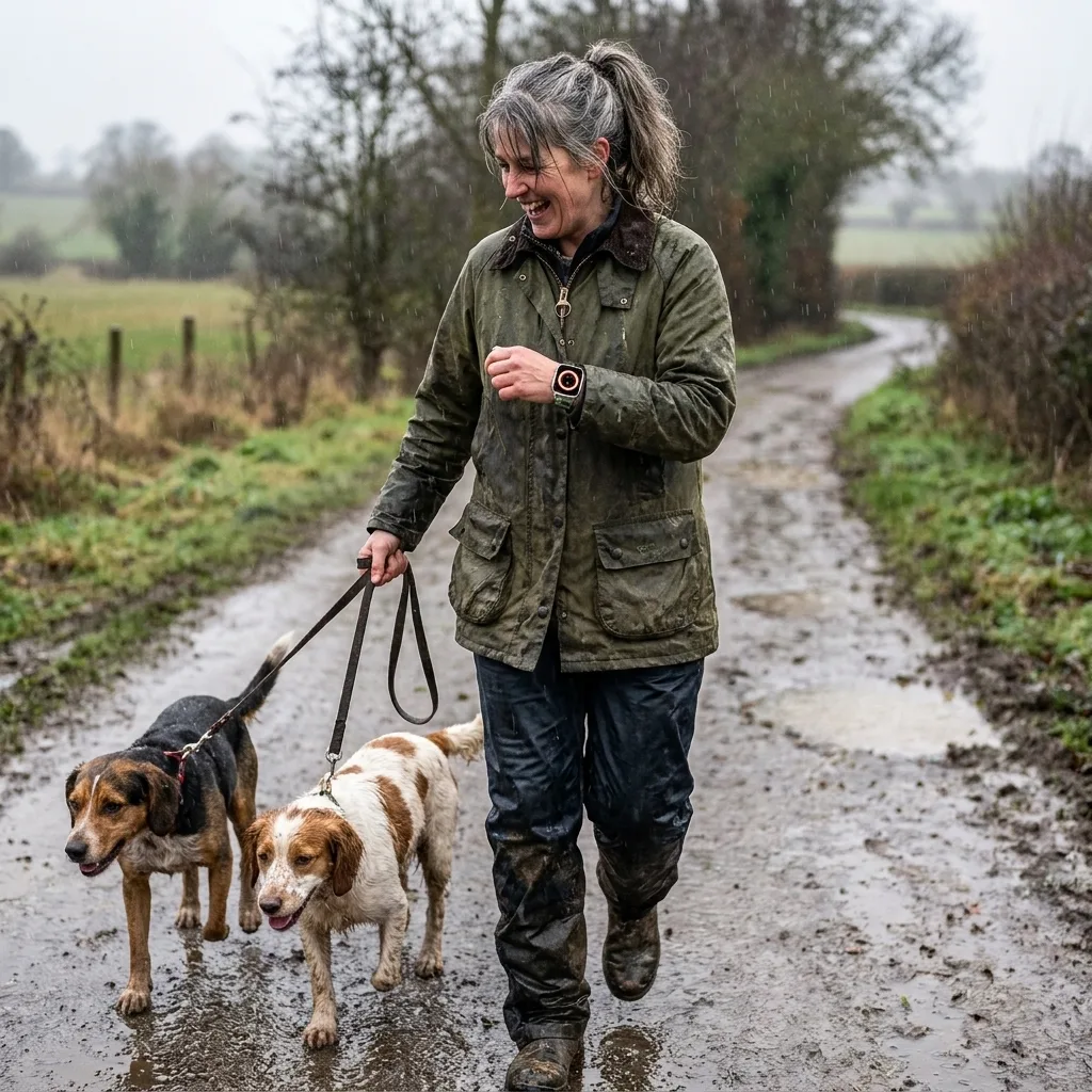 TrailGuard customer walking dogs in the rain