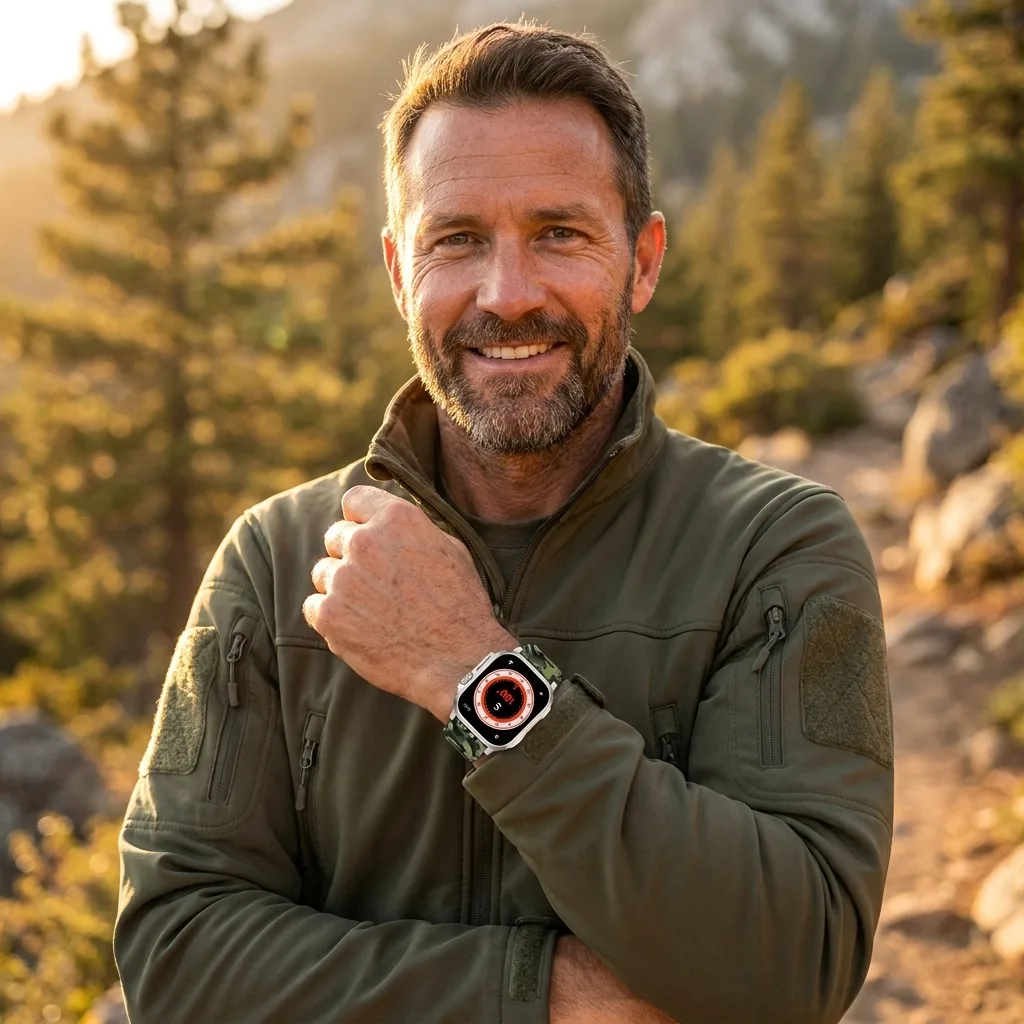 Smiling customer showing the REXQU TrailGuard on his wrist