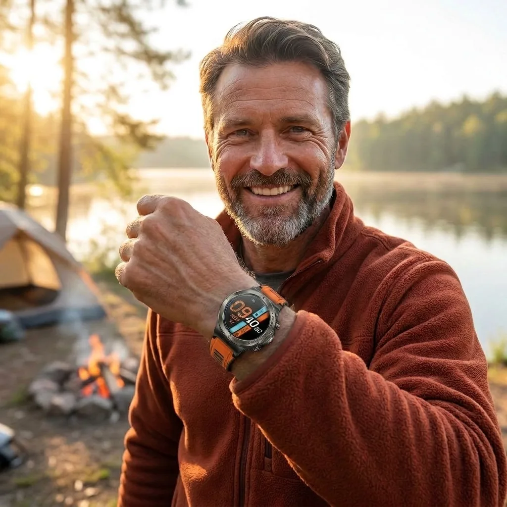 Smiling customer showing the REXQU EnduroBeam on his wrist