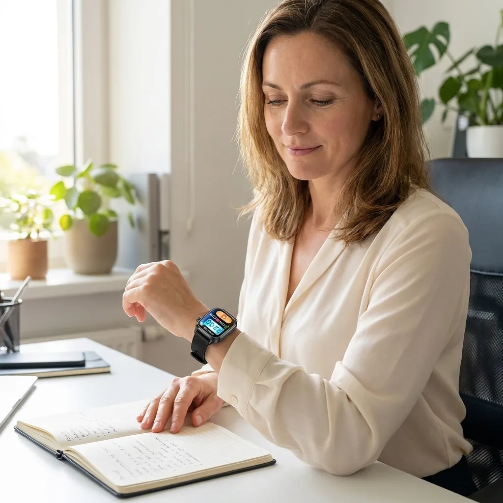 AetherX customer checking her stats at her desk