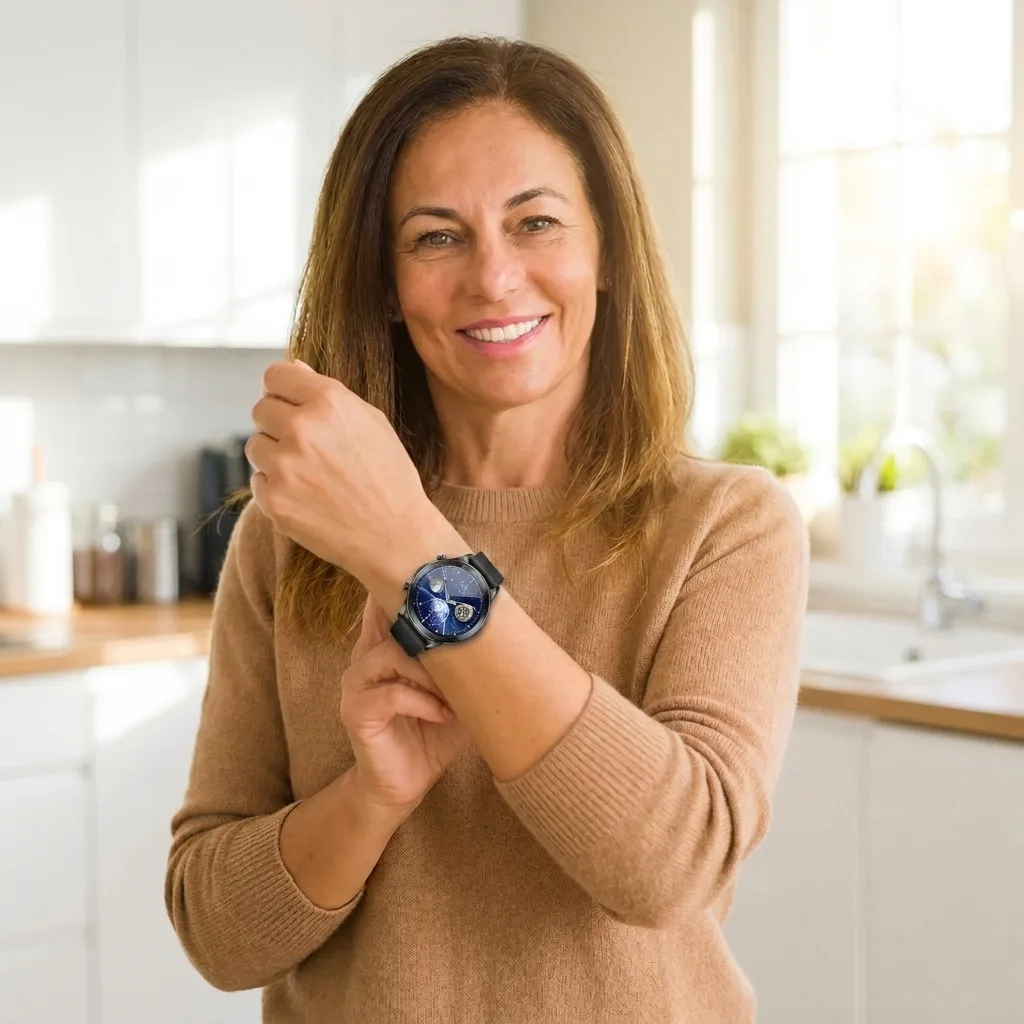Smiling customer showing the REXQU Nexora on her wrist