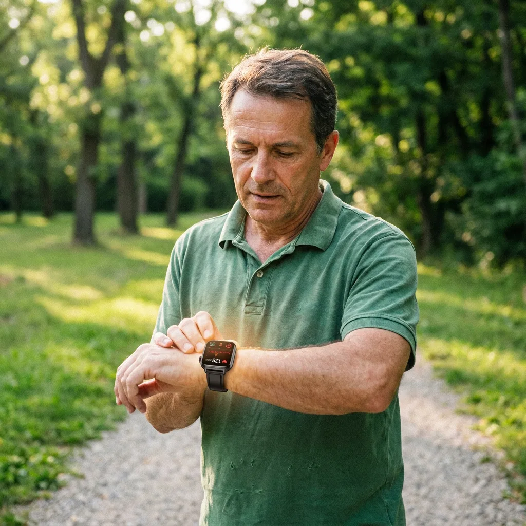 IntelliFit customer checking heart rate on a park walk