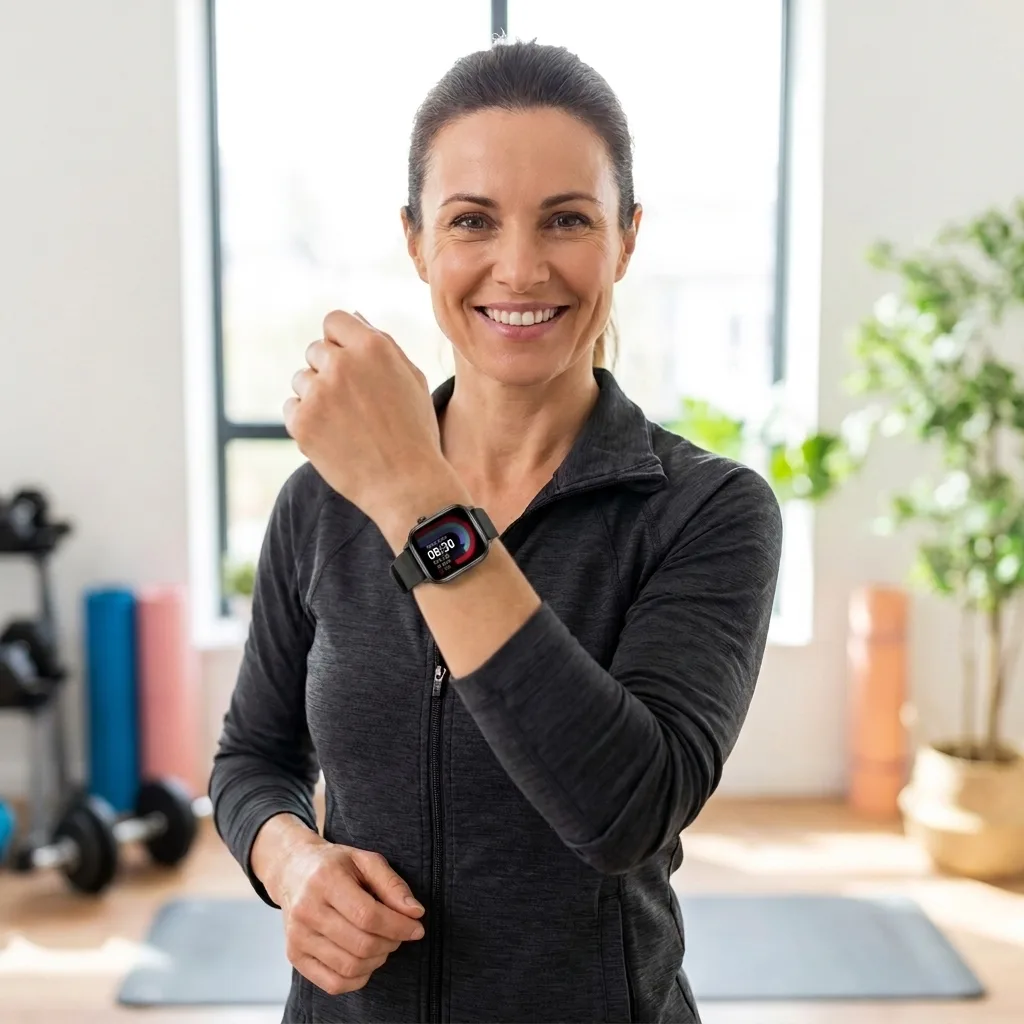 Smiling customer showing the REXQU IntelliFit on her wrist