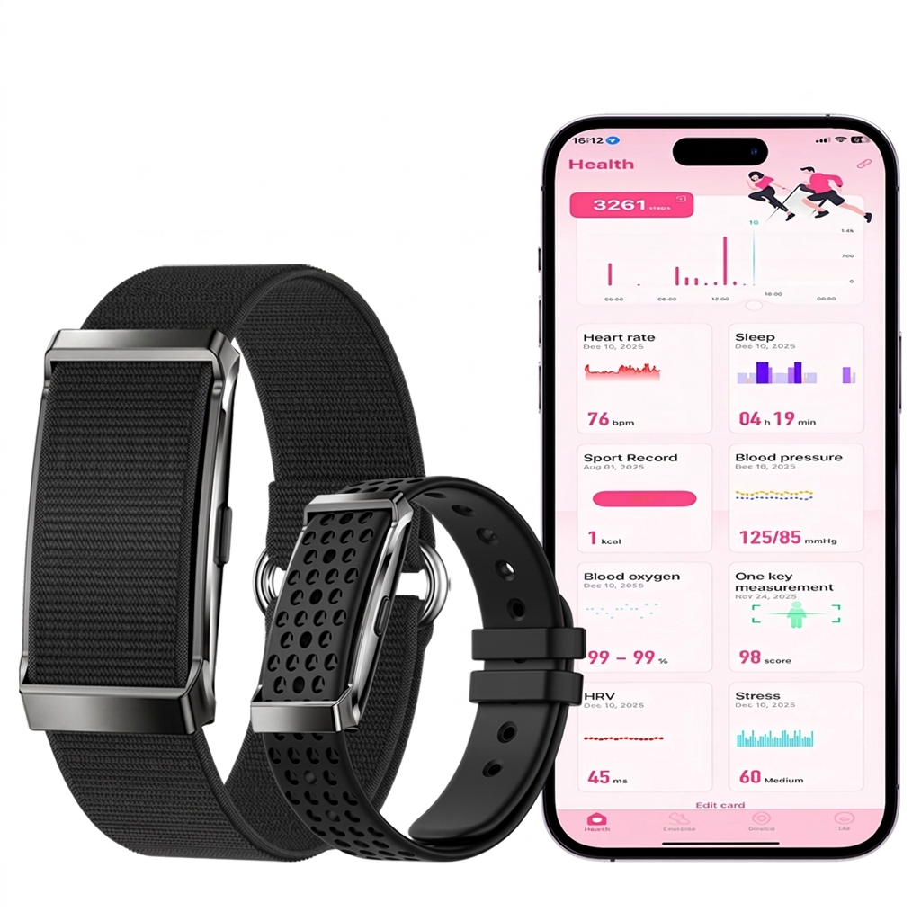 REXQU AeroBand screenless fitness tracker battery life shown next to its companion app