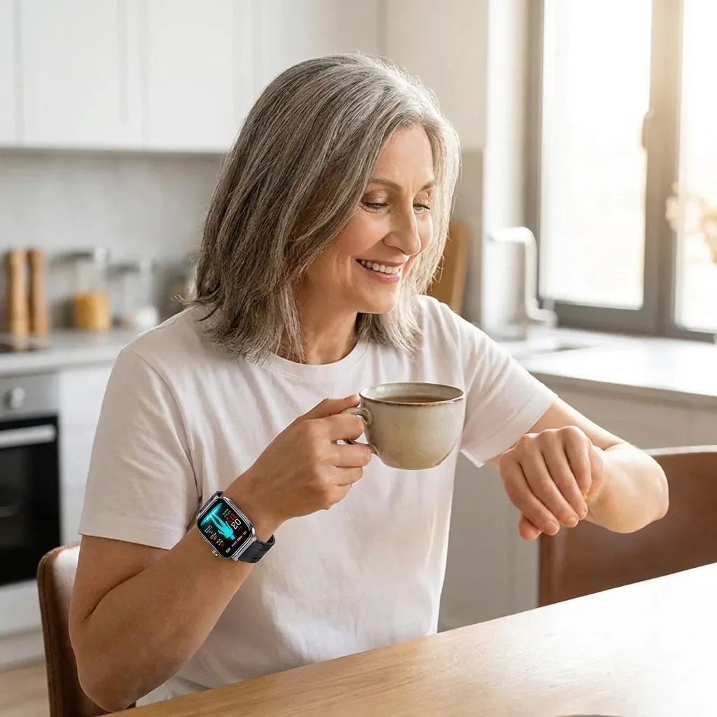Happy REXQU VitaCore owner wearing the watch in her kitchen