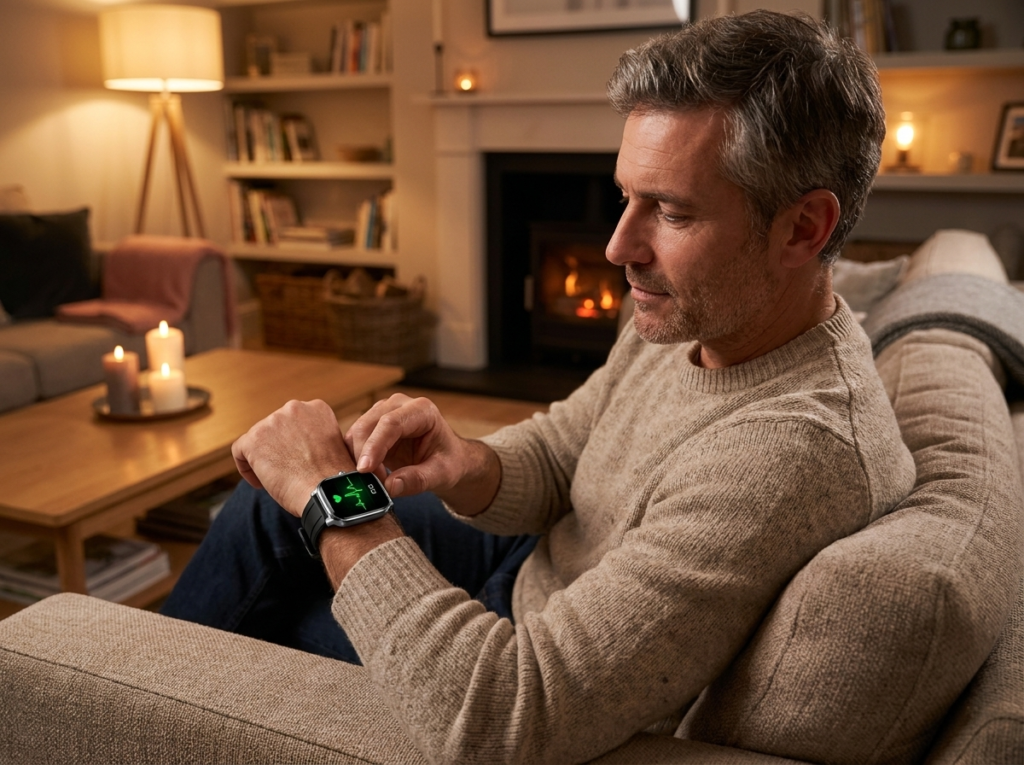 Man checking his REXQU VitaCore daily health monitoring watch stress tracking reading while relaxing at home