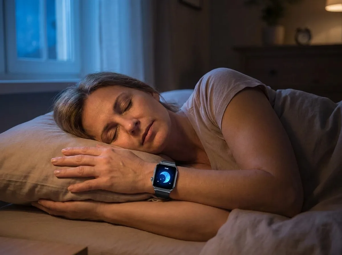 Woman sleeping while the REXQU VitaCore tracks her sleep stages