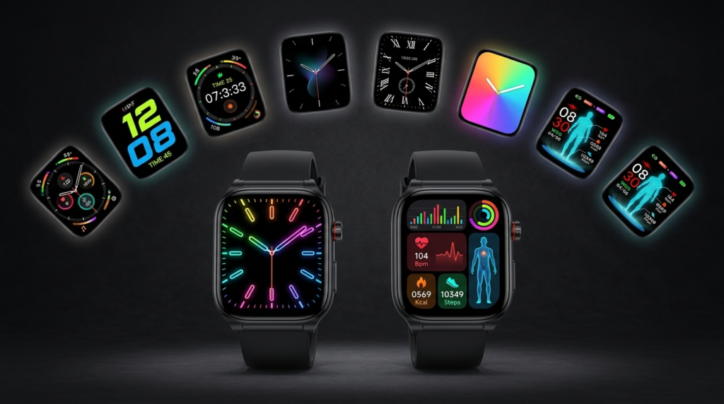 REXQU VitaCore blood pressure smartwatch showing a wrist BP reading