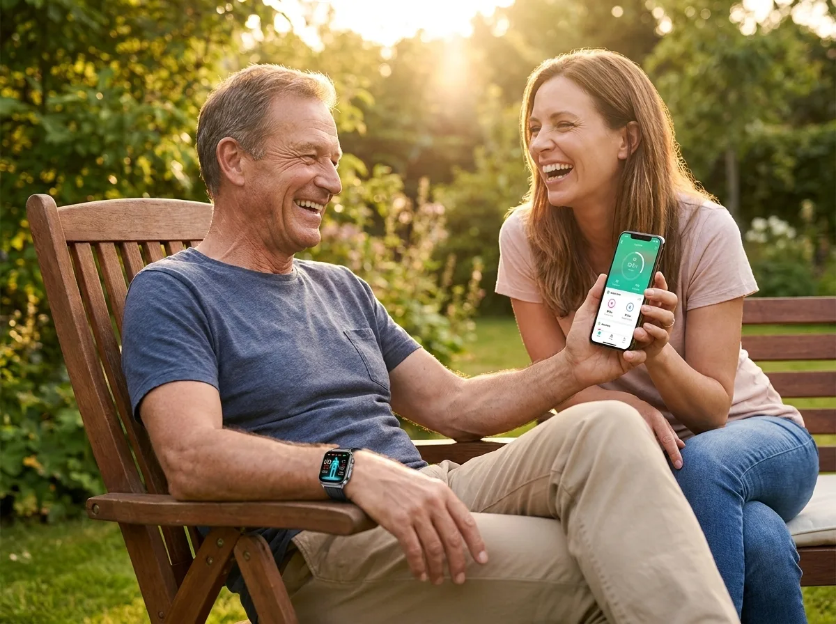 Father wearing the REXQU VitaCore laughing with his adult daughter in the garden