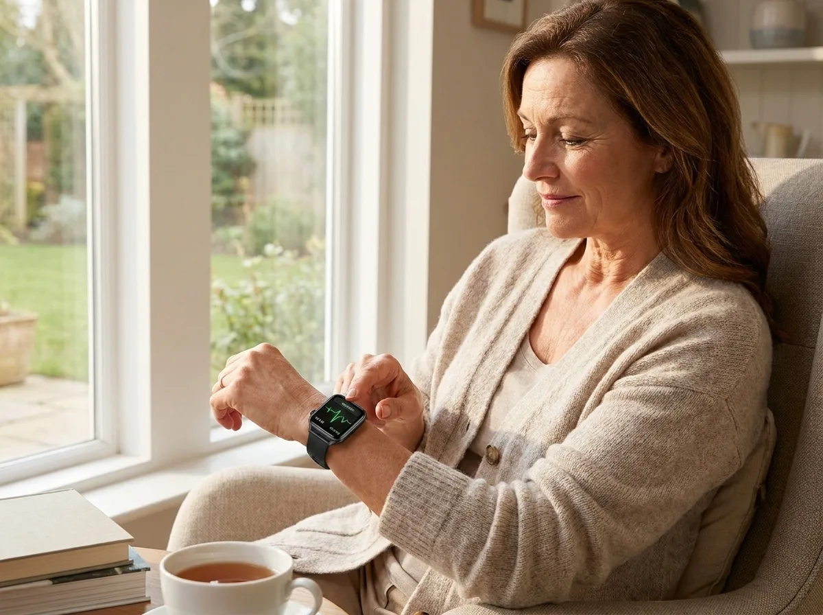 Woman taking an ECG reading on the REXQU BioVision smartwatch