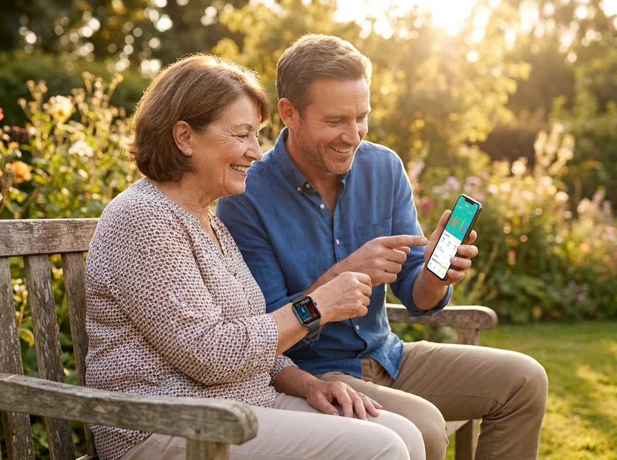 Mother wearing the REXQU BioVision with her adult son in the garden