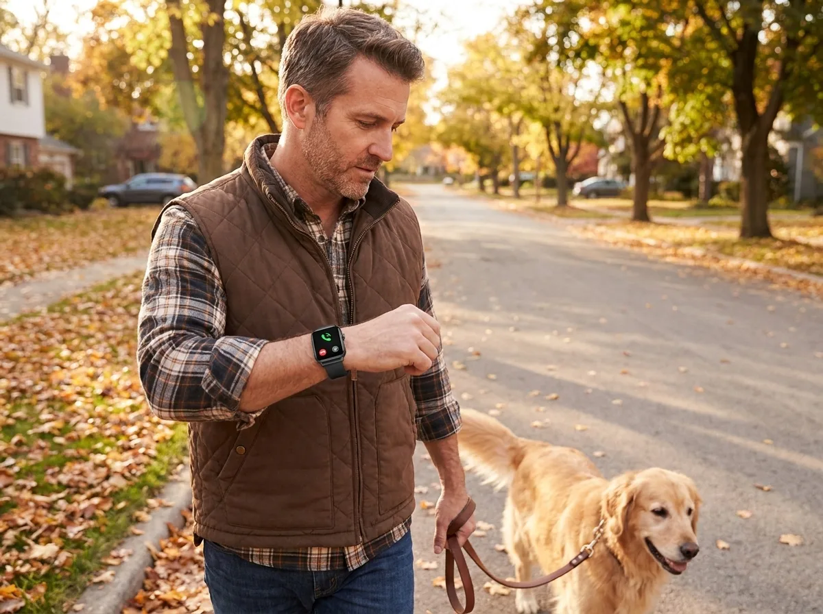 Man answering a Bluetooth call on the REXQU BioVision while walking his dog