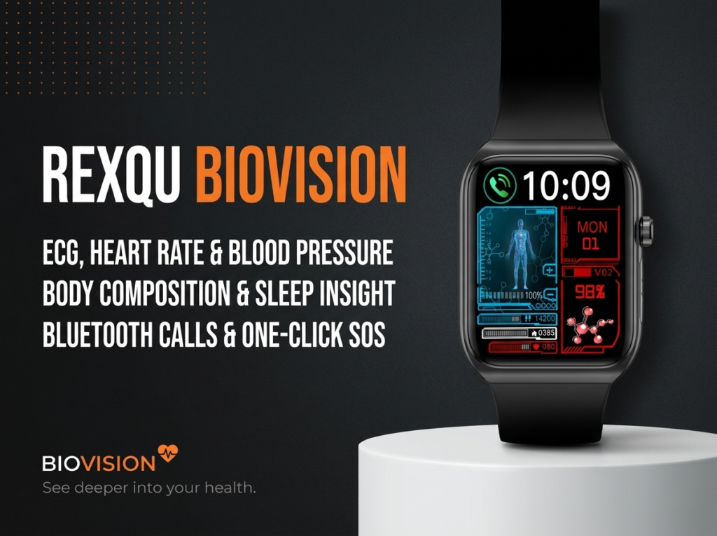 Daily health monitoring watch compatibility: REXQU BioVision, which pairs with iPhone and Android phones