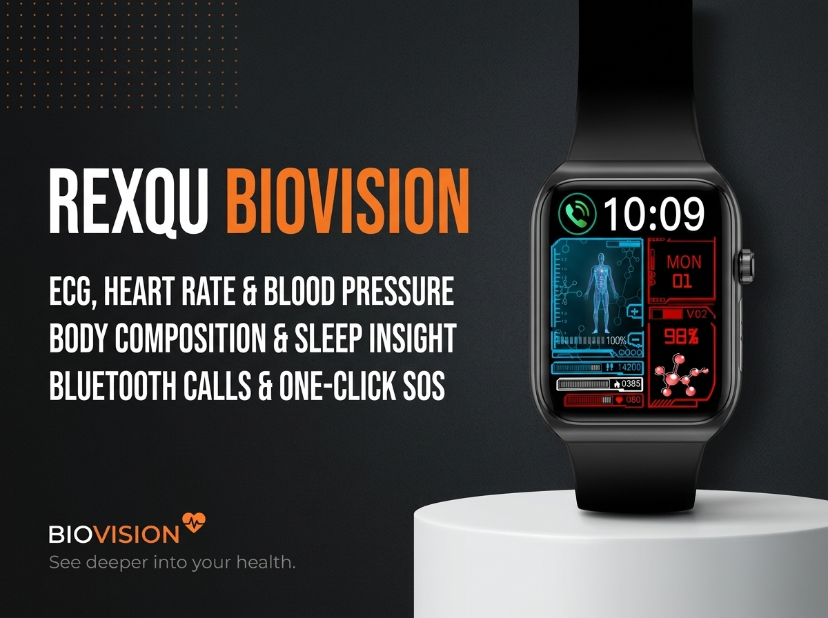 Daily health monitoring watch compatibility: REXQU BioVision, which pairs with iPhone and Android phones