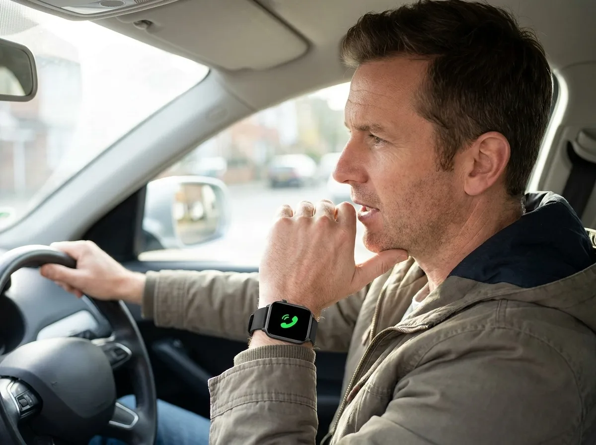 Man answering a call on the REXQU Nova while driving