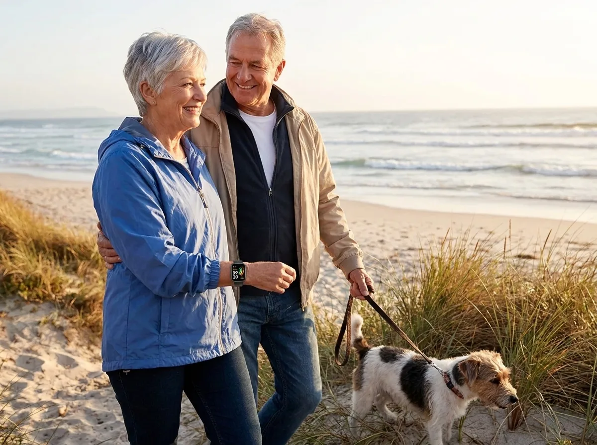 Couple walking their dog on the beach with the REXQU Nova