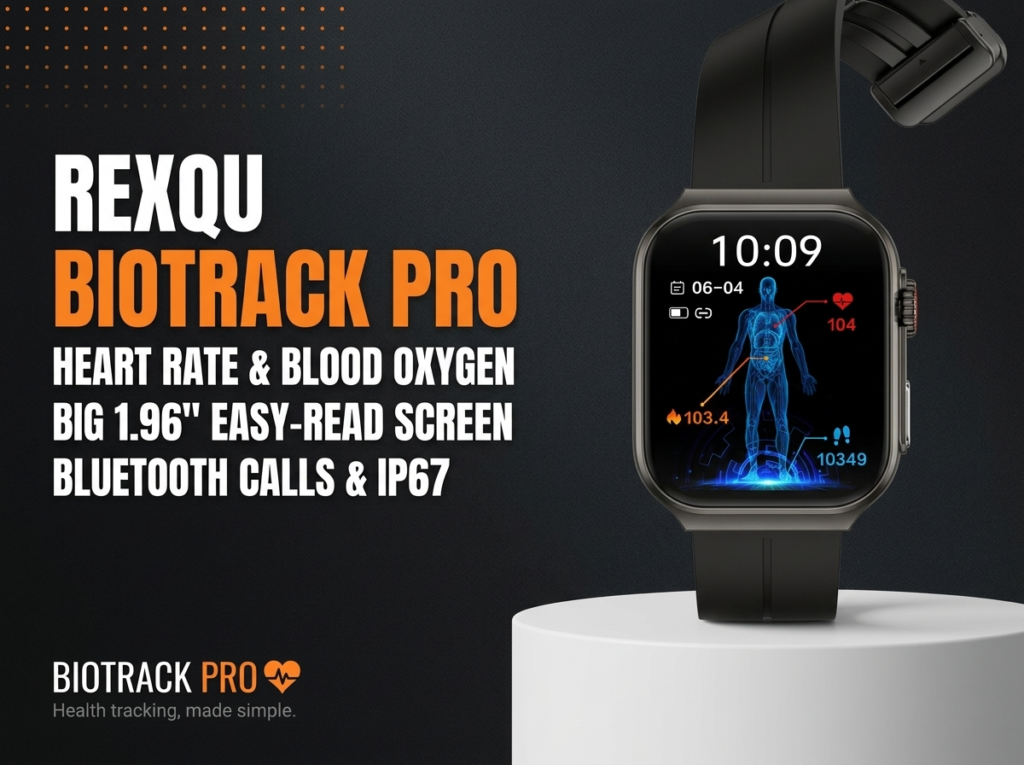 REXQU BioTrack Pro daily health monitoring watch showing heart rate and blood oxygen readings