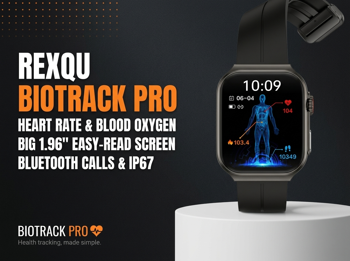 REXQU BioTrack Pro daily health monitoring smartwatch showing heart rate and blood oxygen readings