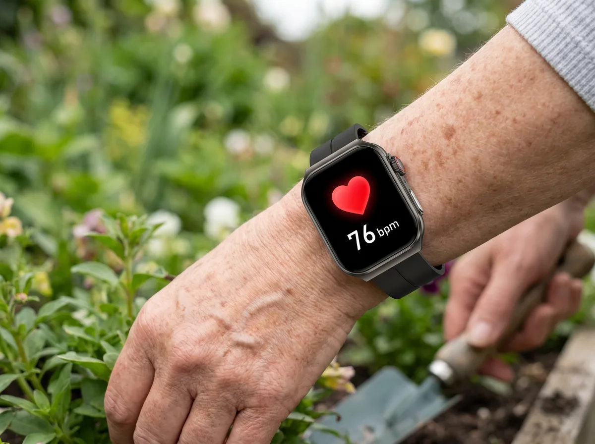 REXQU BioTrack Pro showing a large heart rate reading in the garden