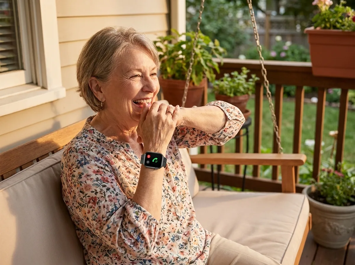 Woman answering a call on the REXQU BioTrack Pro on her porch