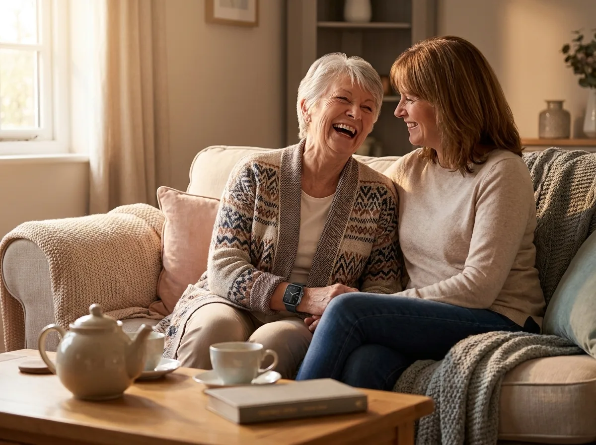 Mother wearing the REXQU BioTrack Pro laughing with her daughter