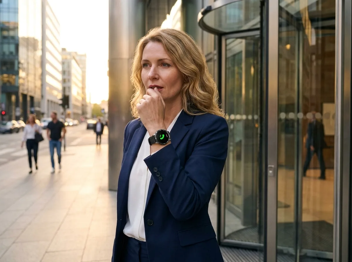 Woman taking a call on the REXQU Infinity Pro outside her office