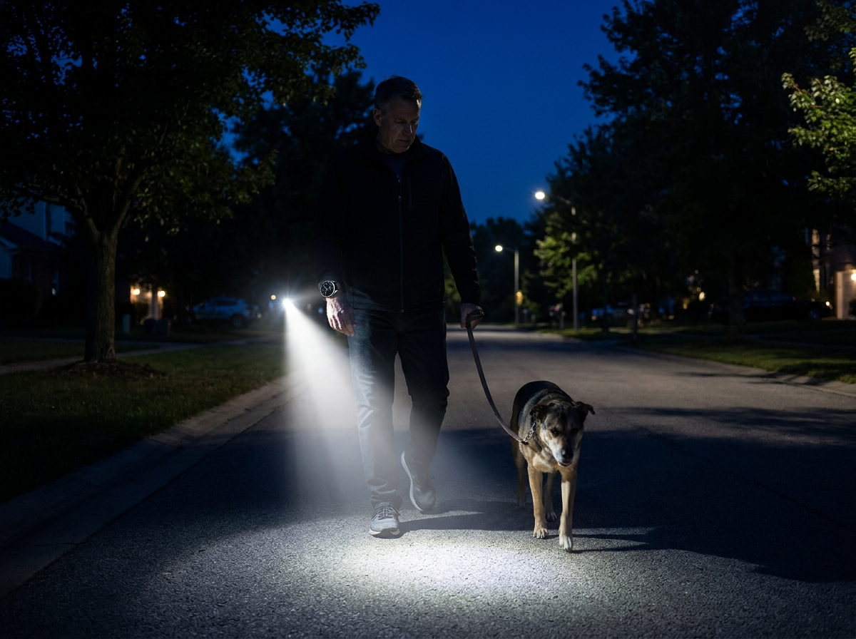 REXQU Infinity Pro LED flashlight lighting a dark path
