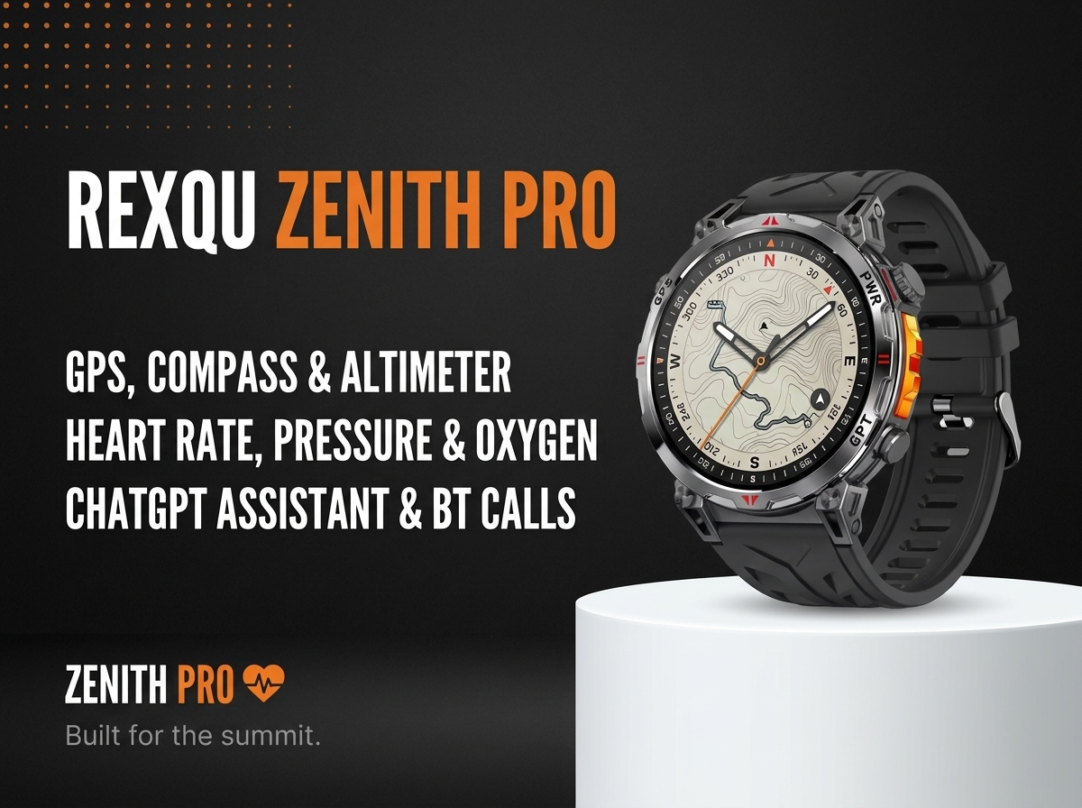 REXQU Zenith Pro, a GPS smartwatch with ChatGPT, compass and altimeter shown on an outdoor trail