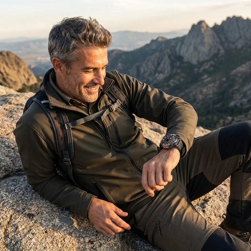 Happy REXQU Zenith Pro owner resting on a rocky overlook