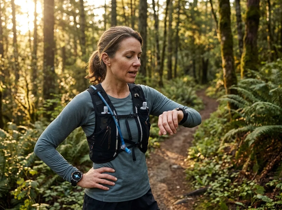 Trail runner speaking to the ChatGPT assistant on the REXQU Zenith Pro