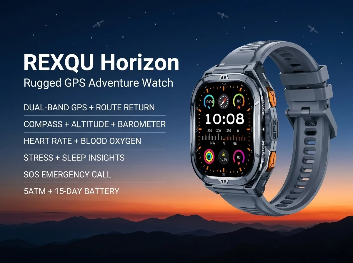 REXQU Horizon GPS smartwatch with large AMOLED display and compass