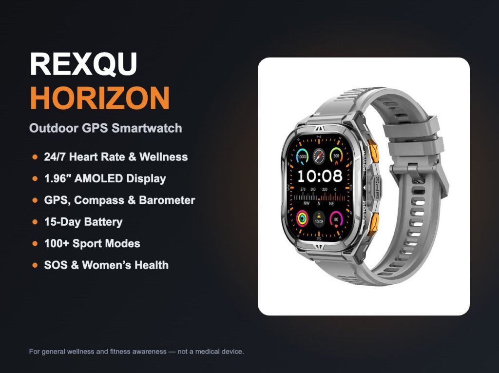 REXQU Horizon hiking smartwatch with GPS and long hiking smartwatch battery life