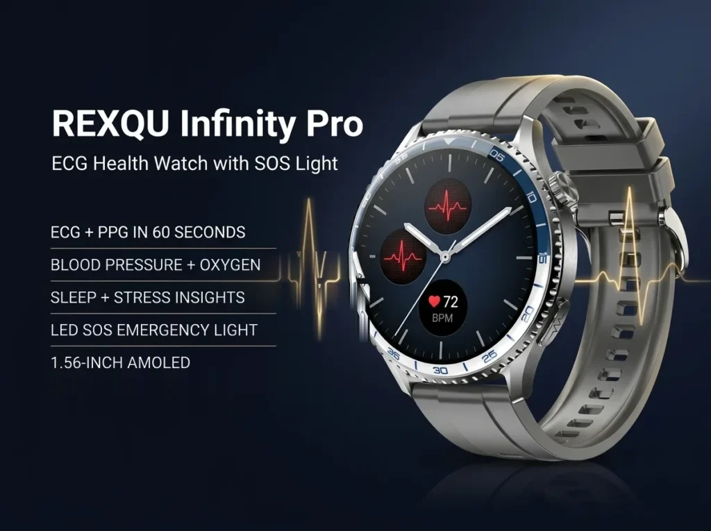 REXQU Infinity Pro ECG smartwatch risk assessment display on wrist