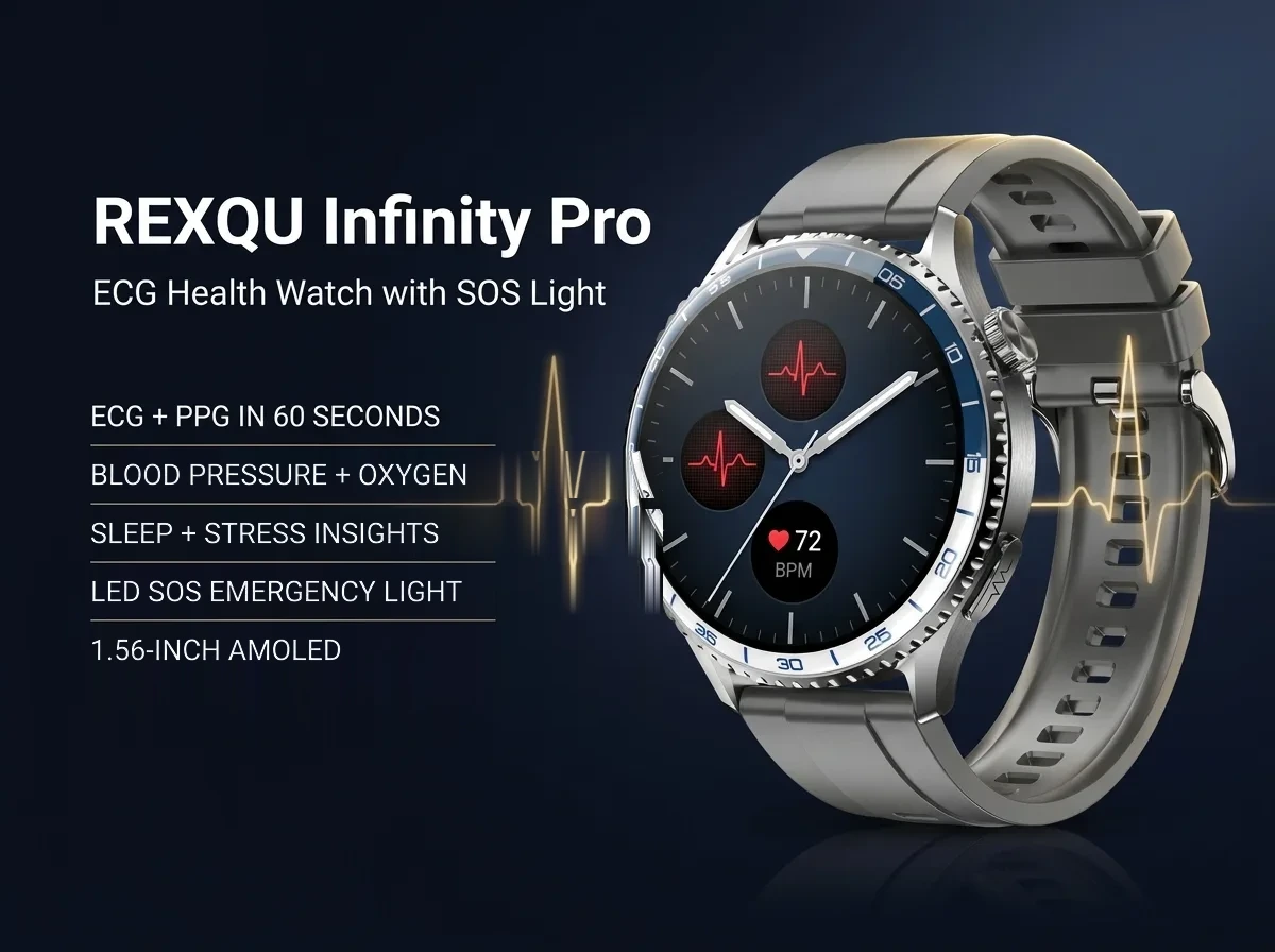 REXQU Infinity Pro round health smartwatch — ECG, blood pressure and 60-second health check