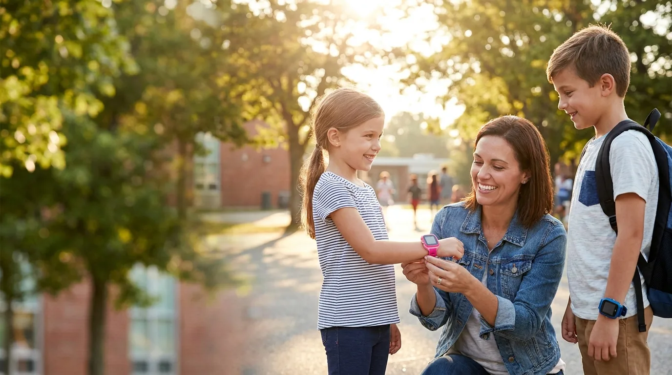 Kids smartwatches — mother fastening a REXQU kids smartwatch onto her daughter's wrist on a school morning