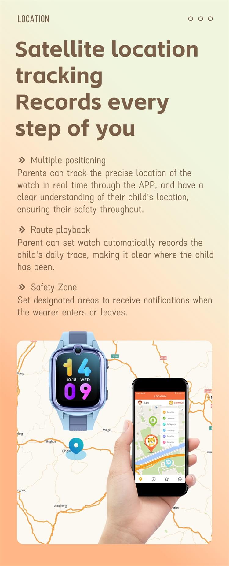 REXQU KidTrack safety zones and route playback on the map