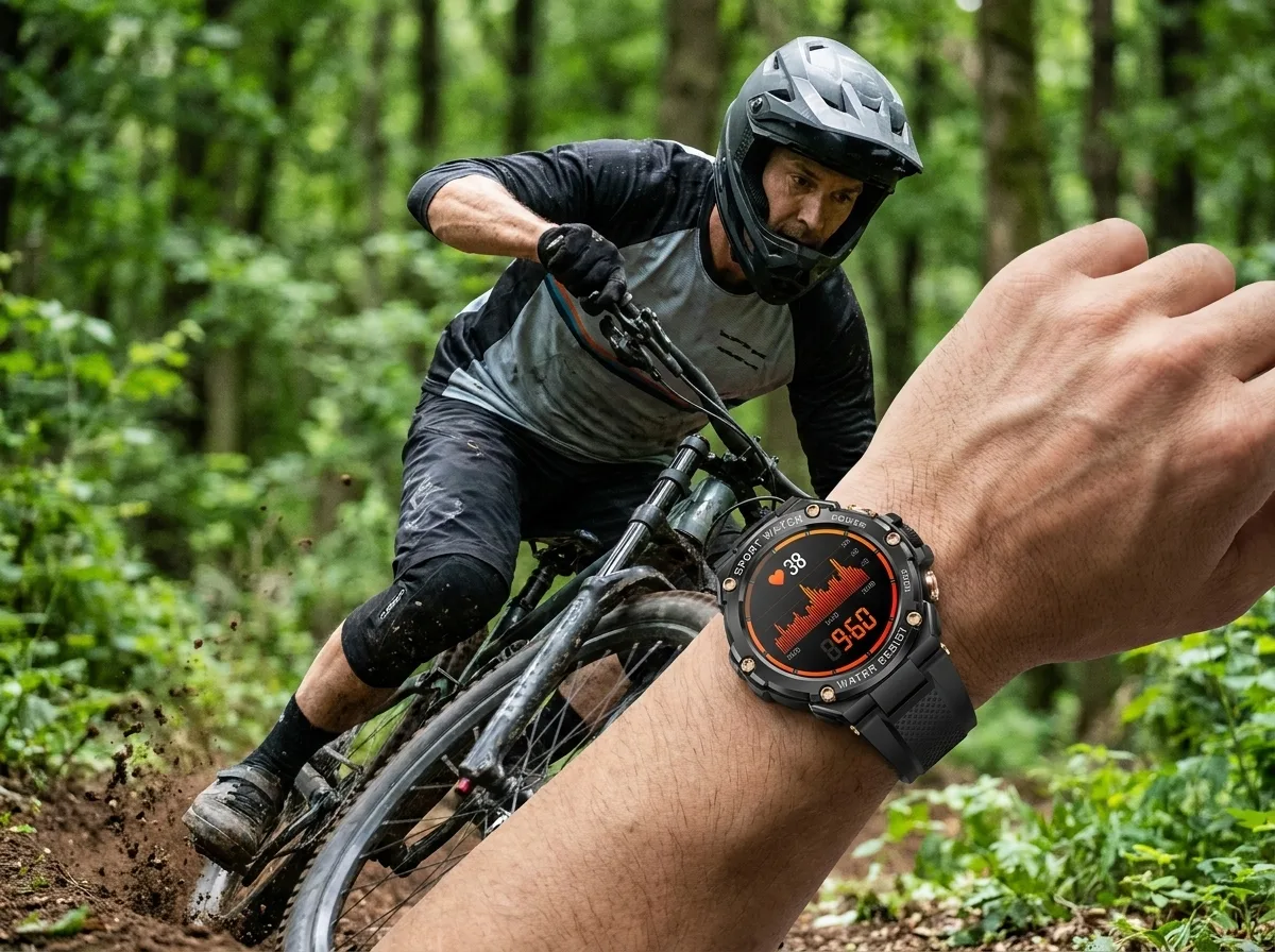 Mountain biker checking heart rate on the REXQU LifeGuard Pro