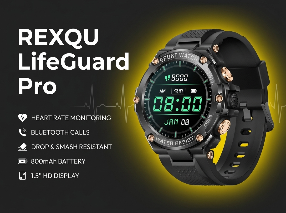 REXQU LifeGuard Pro rugged HD sport watch with Bluetooth calls and heart rate