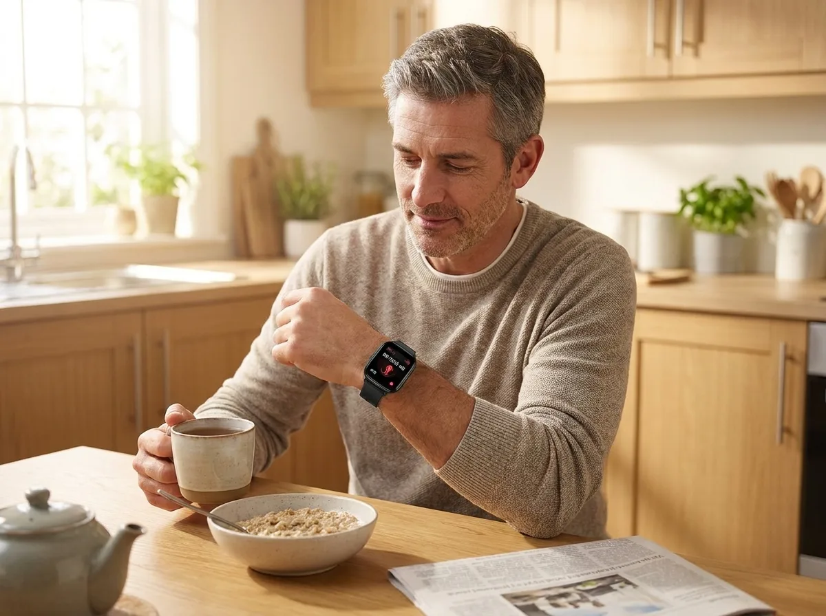 Man checking blood pressure reading on REXQU Luxora at breakfast