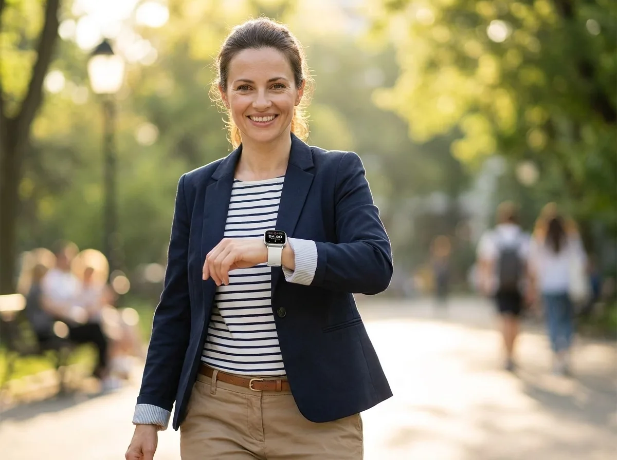 Woman checking heart rate on REXQU Luxora during a morning walk